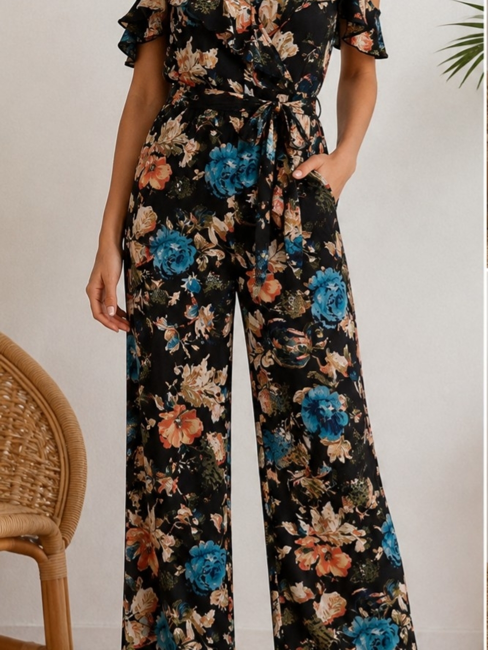 Band of Gypsies Black Wide-Leg Floral Jumpsuit with Blue & Coral Blooms